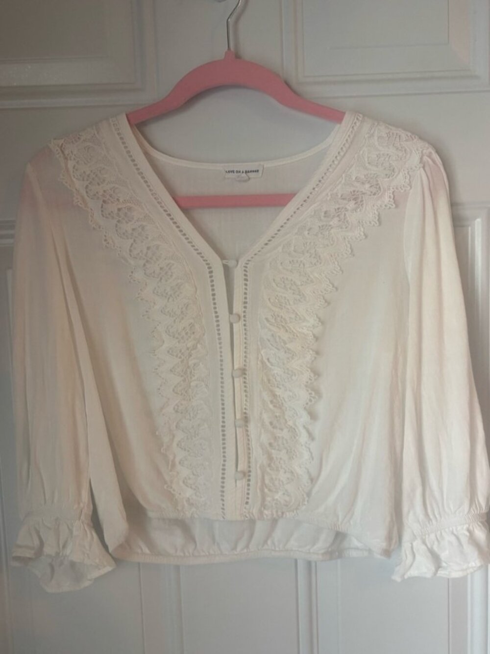 Cream Lace-Trim Button Front Boho Blouse